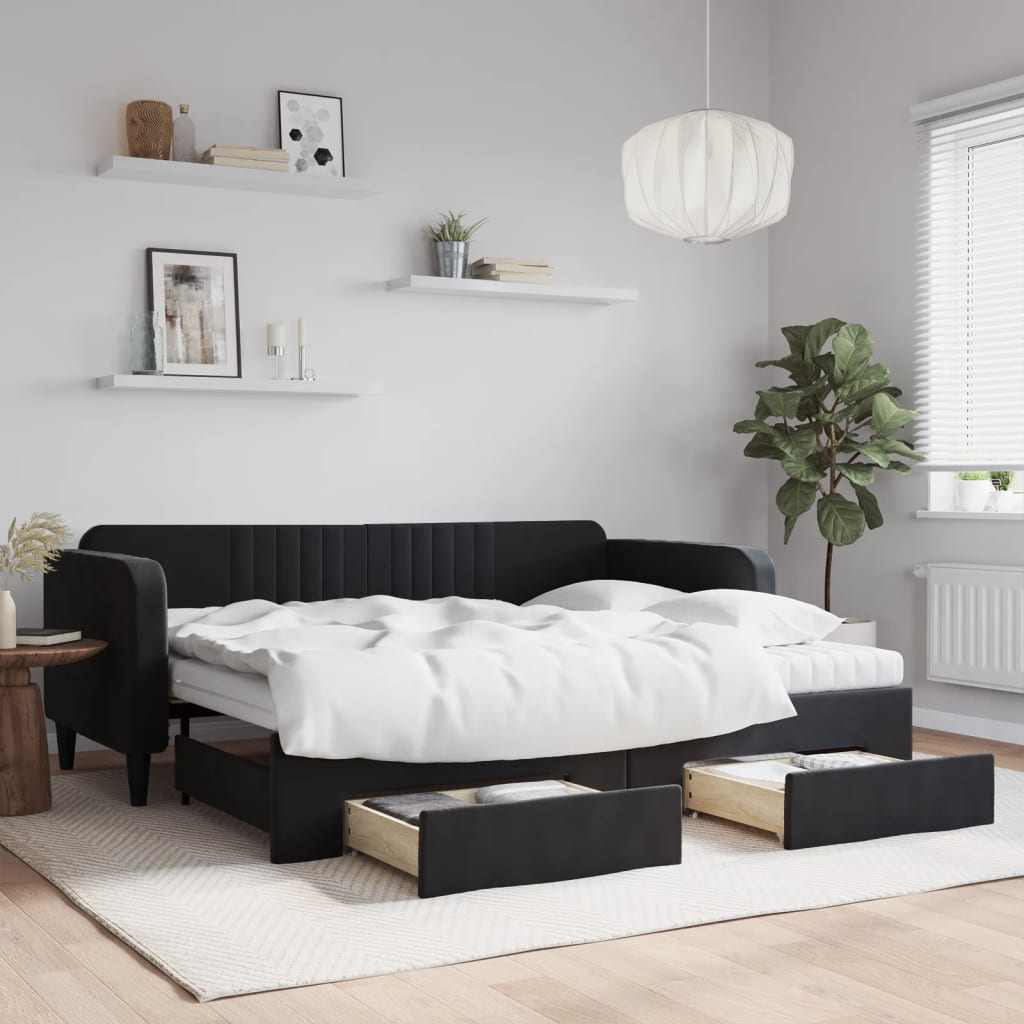 Daybed Velour Sort - med udtræk og skuffe og madras / 90 x 200 cm