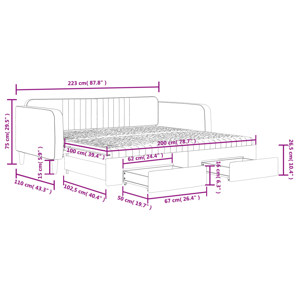 vidaXL Tagesbett Ausziehbar mit Schubladen Rosa 100x200 cm Samt – Bild 13