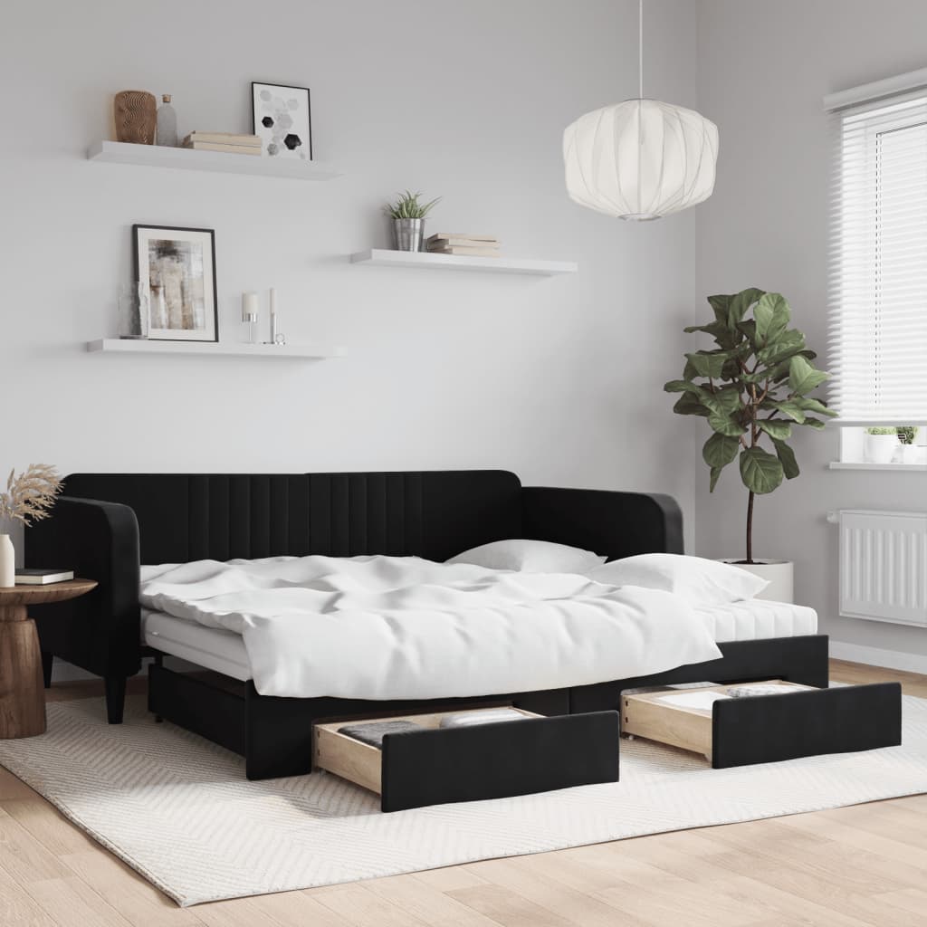 Tagesbett Ausziehbar mit Schubladen Schwarz 100×200 cm Samt