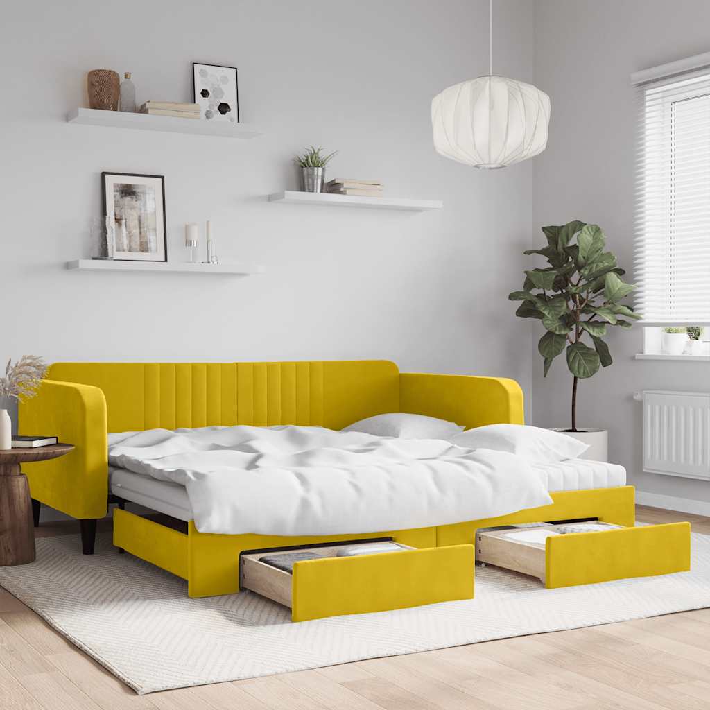 Daybed med udtræk, 2 skuffer og madrasser 100x200 cm velour gul