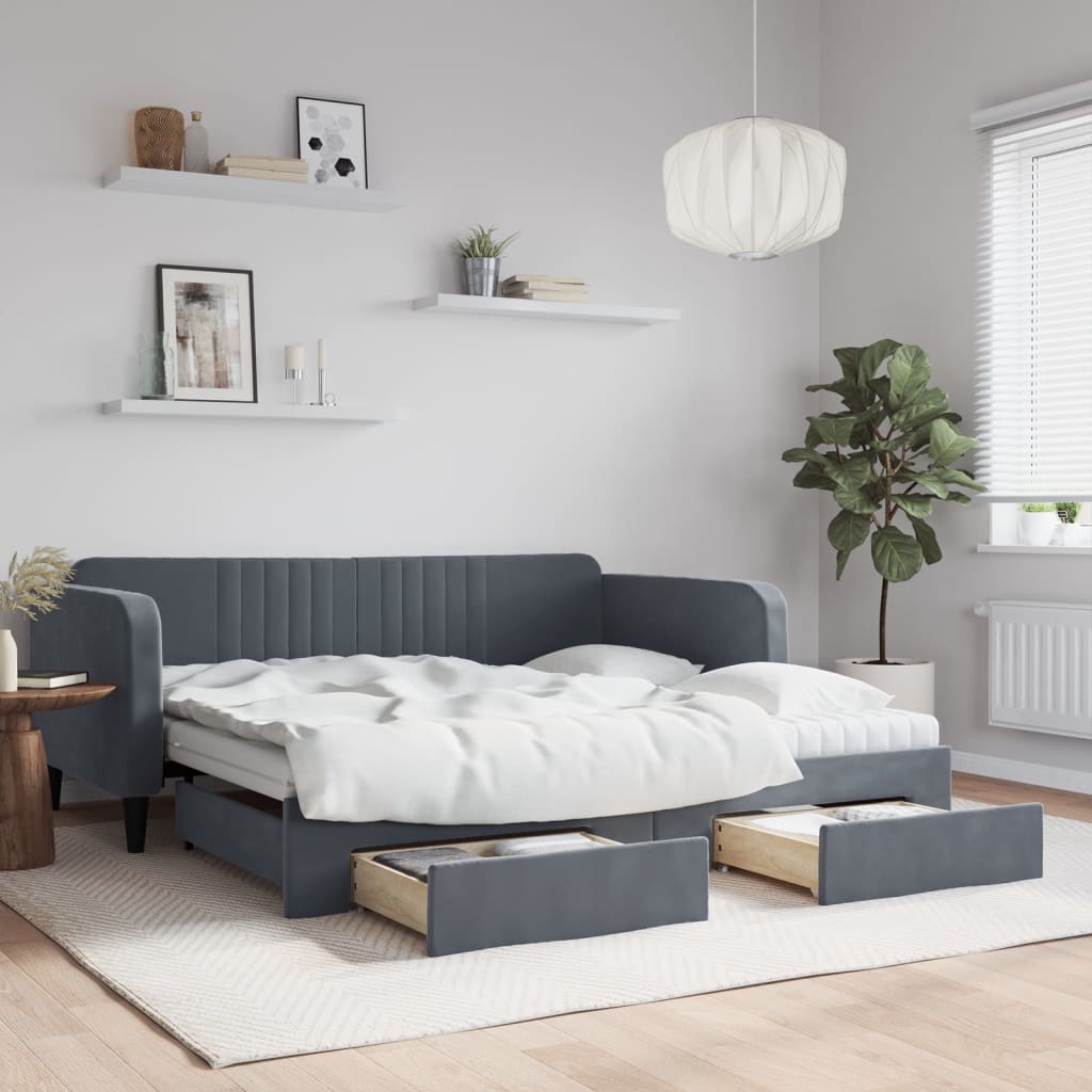 Daybed Velour Mørkegrå - med udtræk og skuffe og madras / 90 x 190 cm