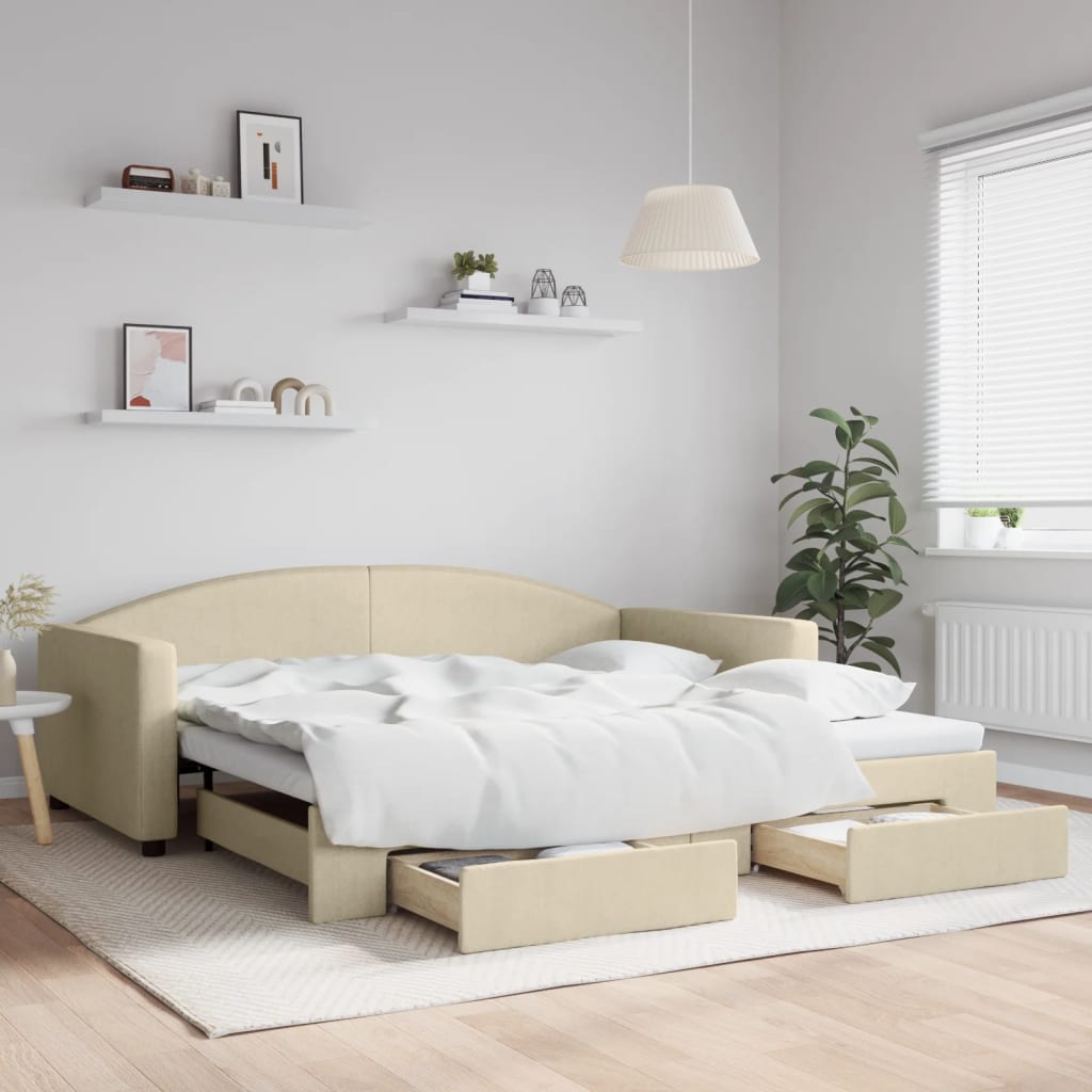 Tagesbett Ausziehbar mit Schubladen Creme 100×200 cm Stoff kaufen