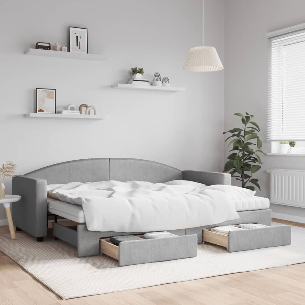 Daybed Stof Lysegrå - med udtræk og skuffe og madras / 80 x 200 cm