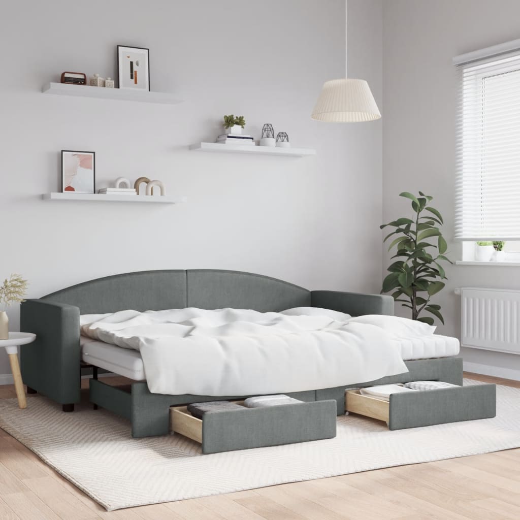 Daybed Stof Mørkegrå - med udtræk og skuffe og madras / 80 x 200 cm