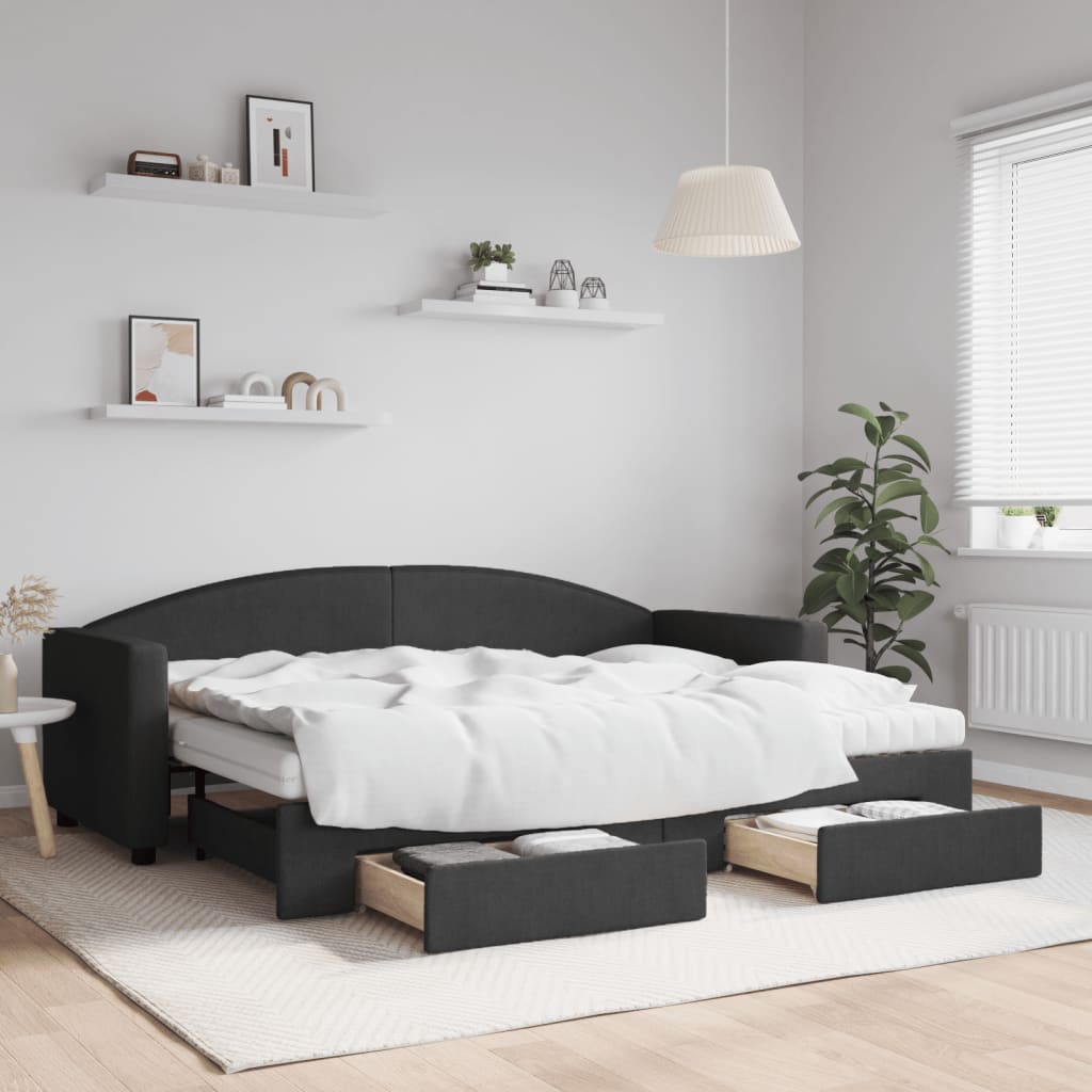 Daybed Stof Sort - med udtræk og skuffe og madras / 80 x 200 cm