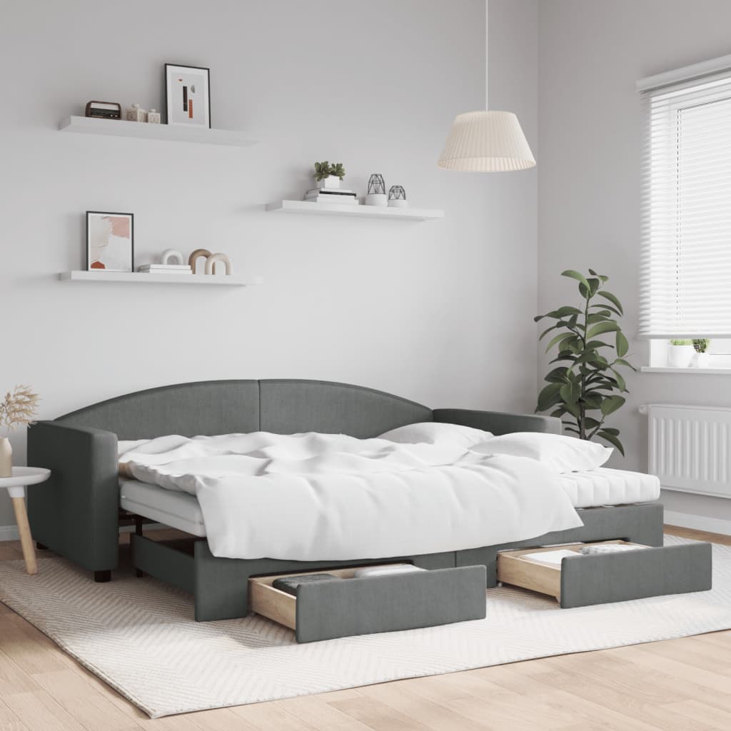 Daybed Stof Mørkegrå - med udtræk og skuffe og madras / 90 x 200 cm