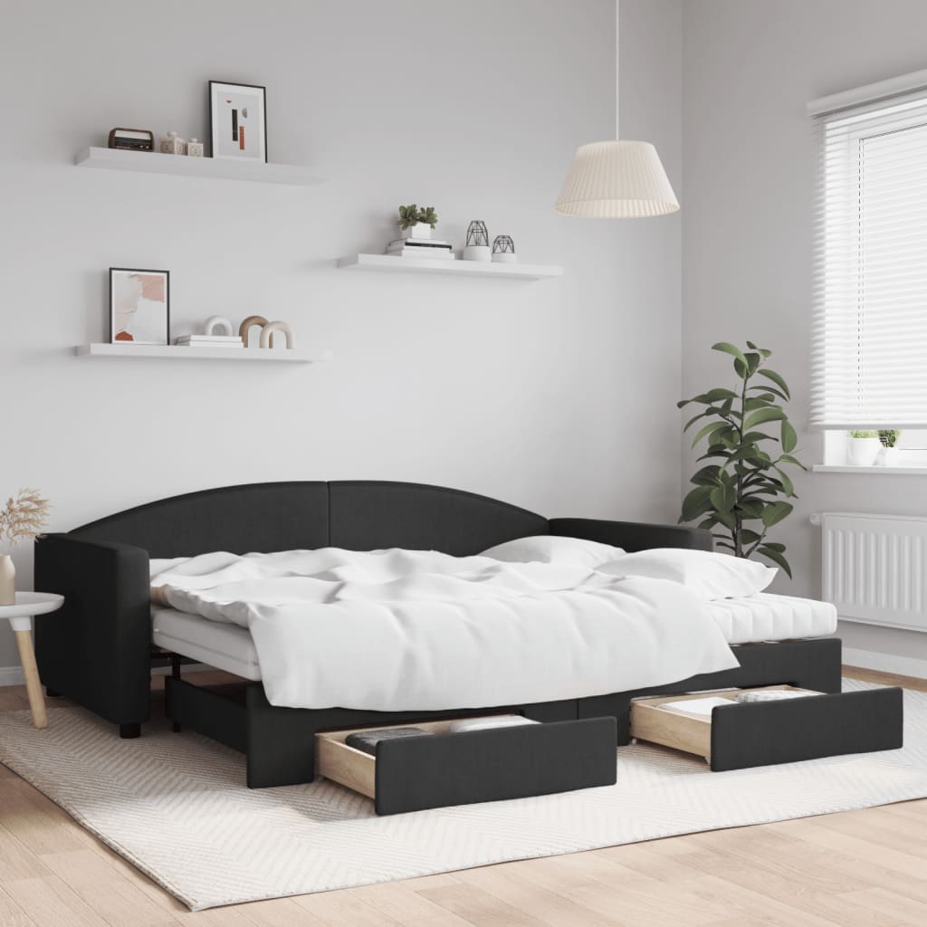 Daybed Stof Sort - med udtræk og skuffe og madras / 90 x 200 cm