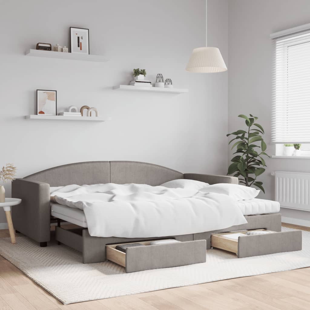 Daybed Stof Gråbrun - med udtræk og skuffe og madras / 90 x 200 cm