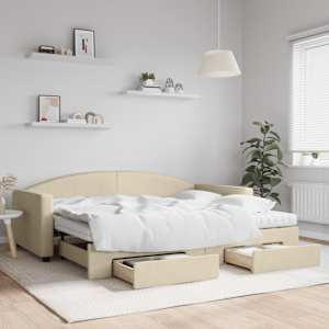 Válenda s přistýlkou a zásuvkami krémová 90 x 200 cm textil - obrázek 1
