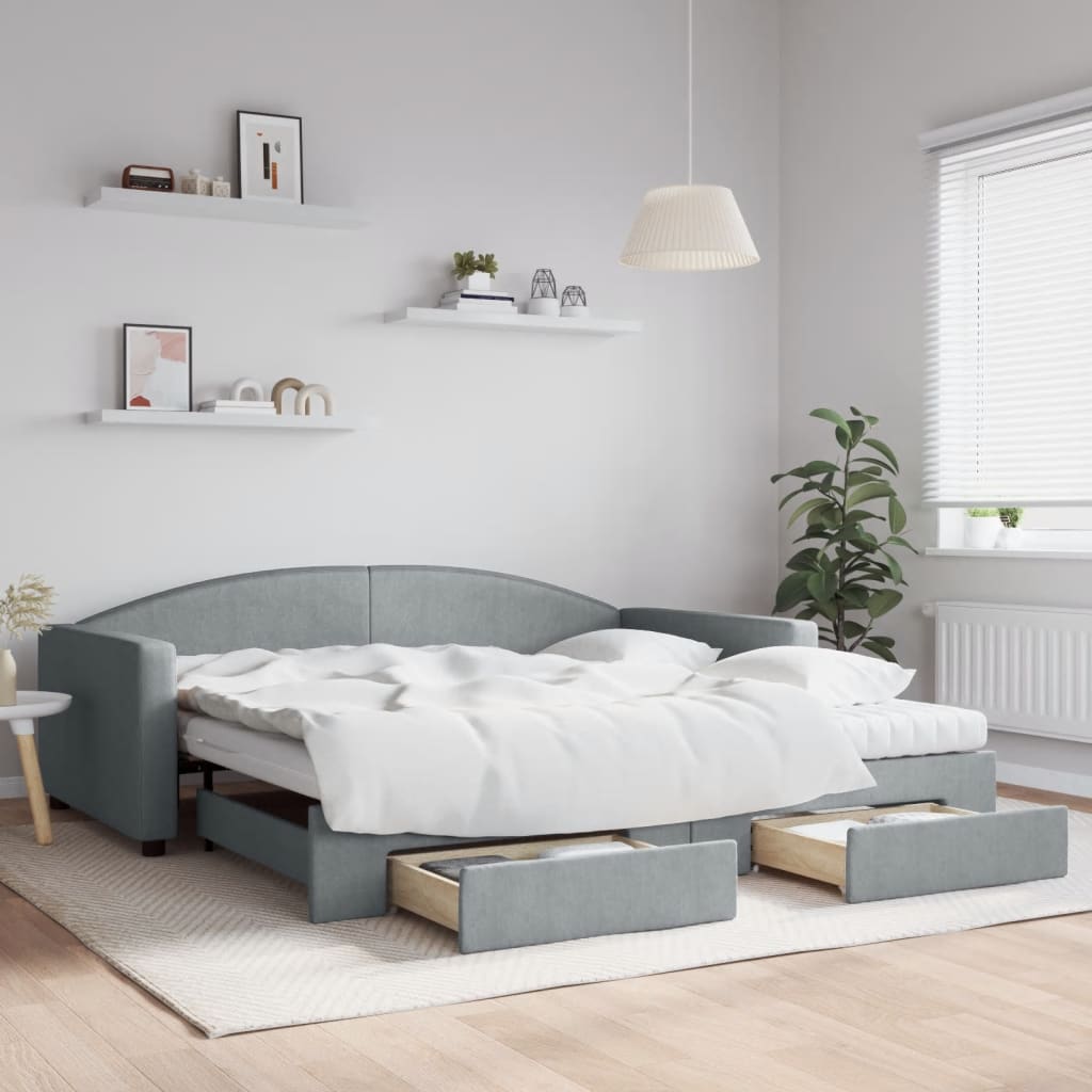 Daybed Stof Lysegrå - med udtræk og skuffe og madras / 100 x 200 cm