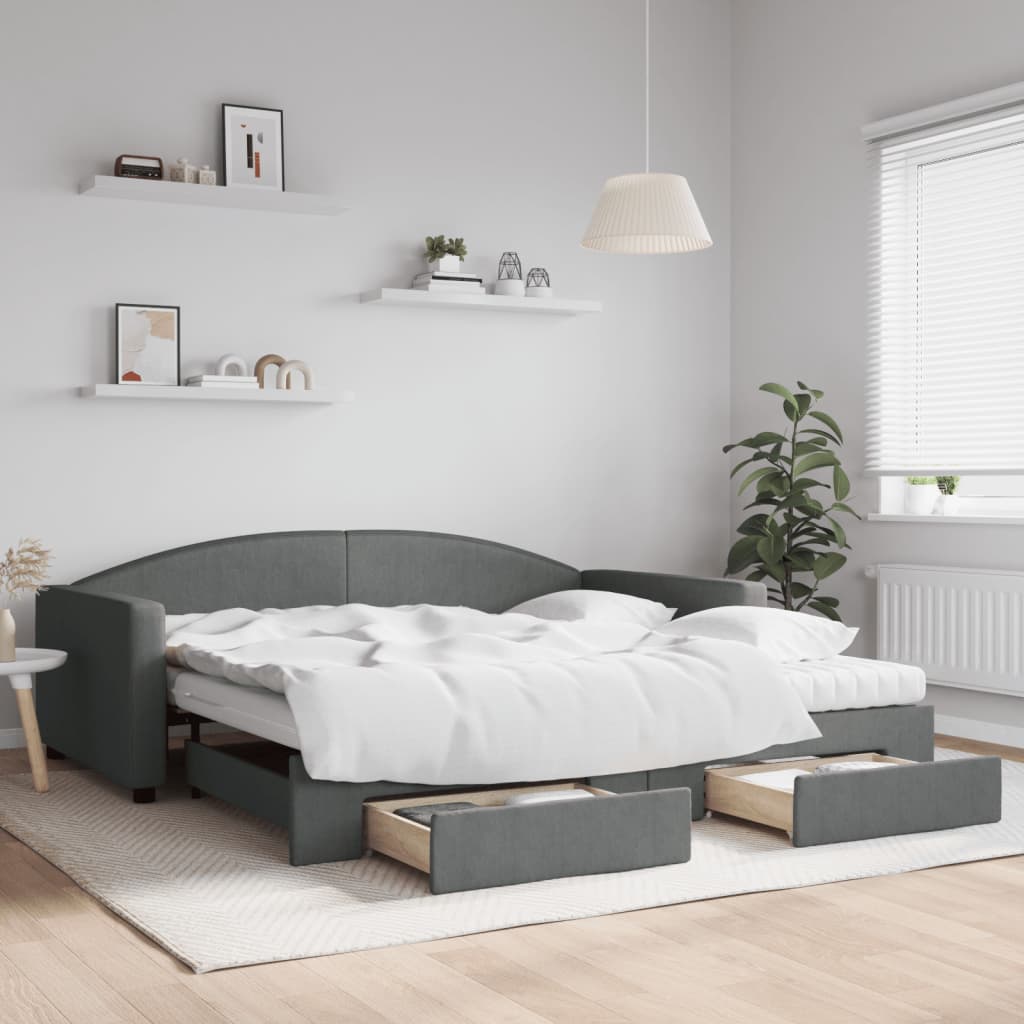 Daybed Stof Mørkegrå - med udtræk og skuffe og madras / 100 x 200 cm