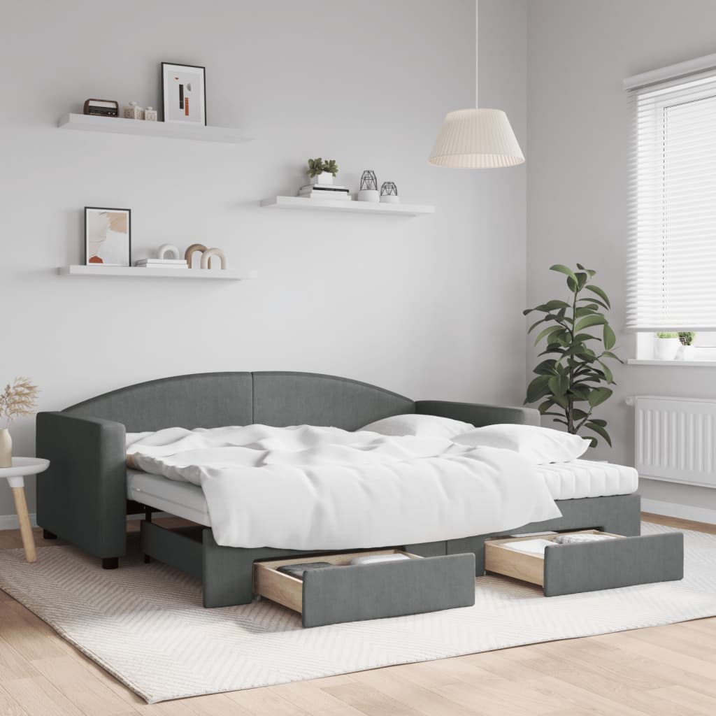 Daybed Stof Mørkegrå - med udtræk og skuffe og madras / 90 x 190 cm