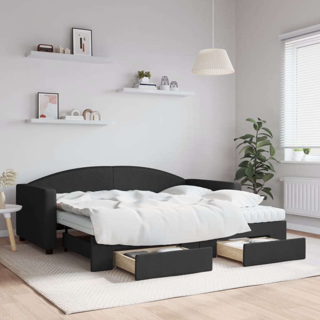 Daybed Stof Sort - med udtræk og skuffe og madras / 90 x 190 cm