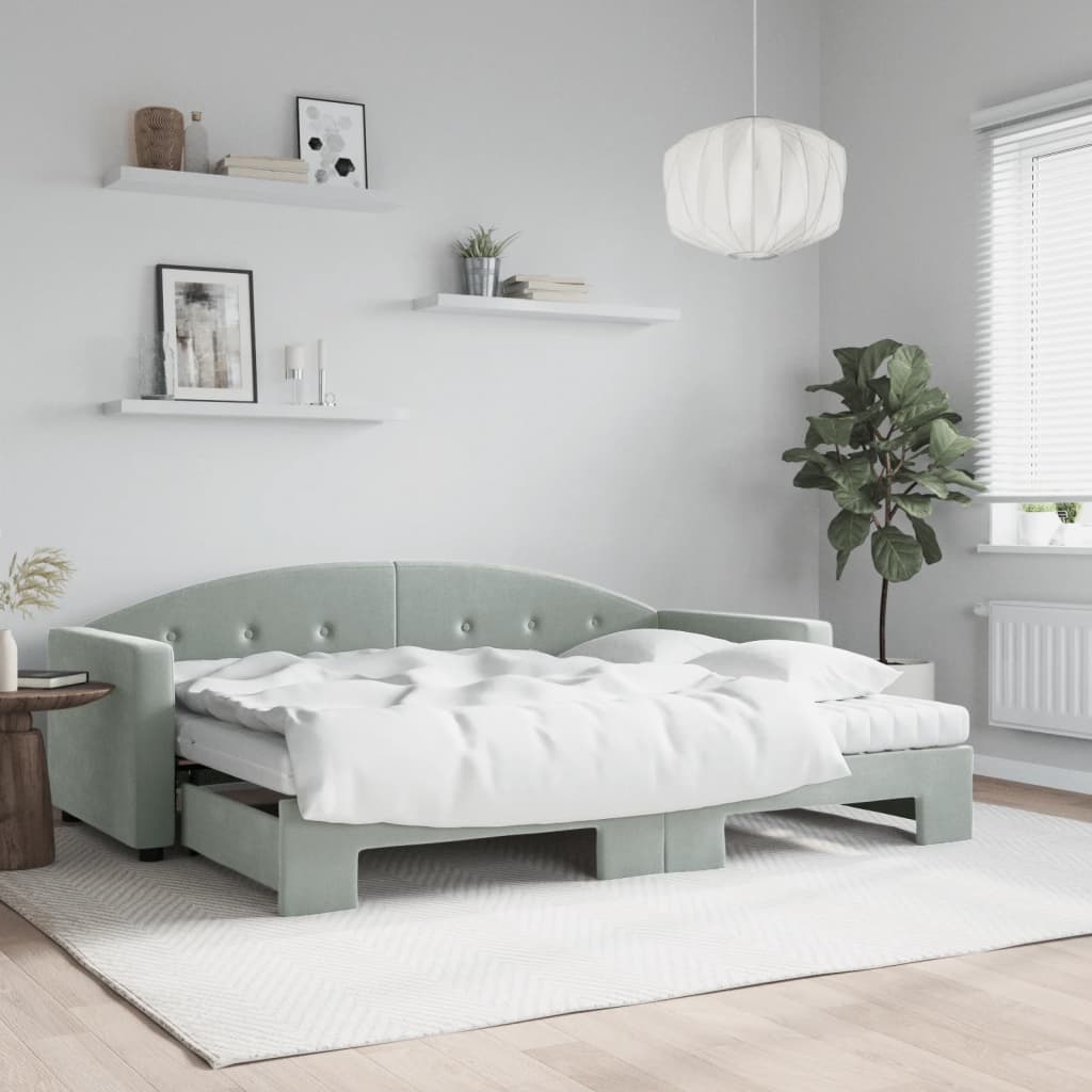 Daybed med udtræk og madrasser 80 x 200 cm i velour - lysegrå