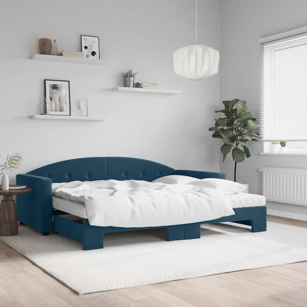 Dagseng med udtræk og madrasser 90 x 200 cm - blå velour