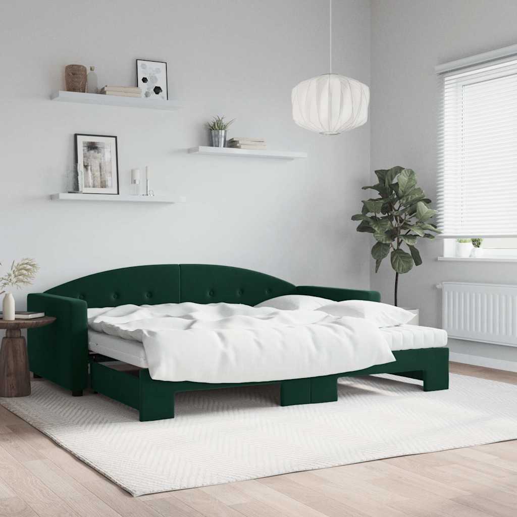 vidaXL daybed med udtræk og madras 90x200 cm velour mørkegrøn