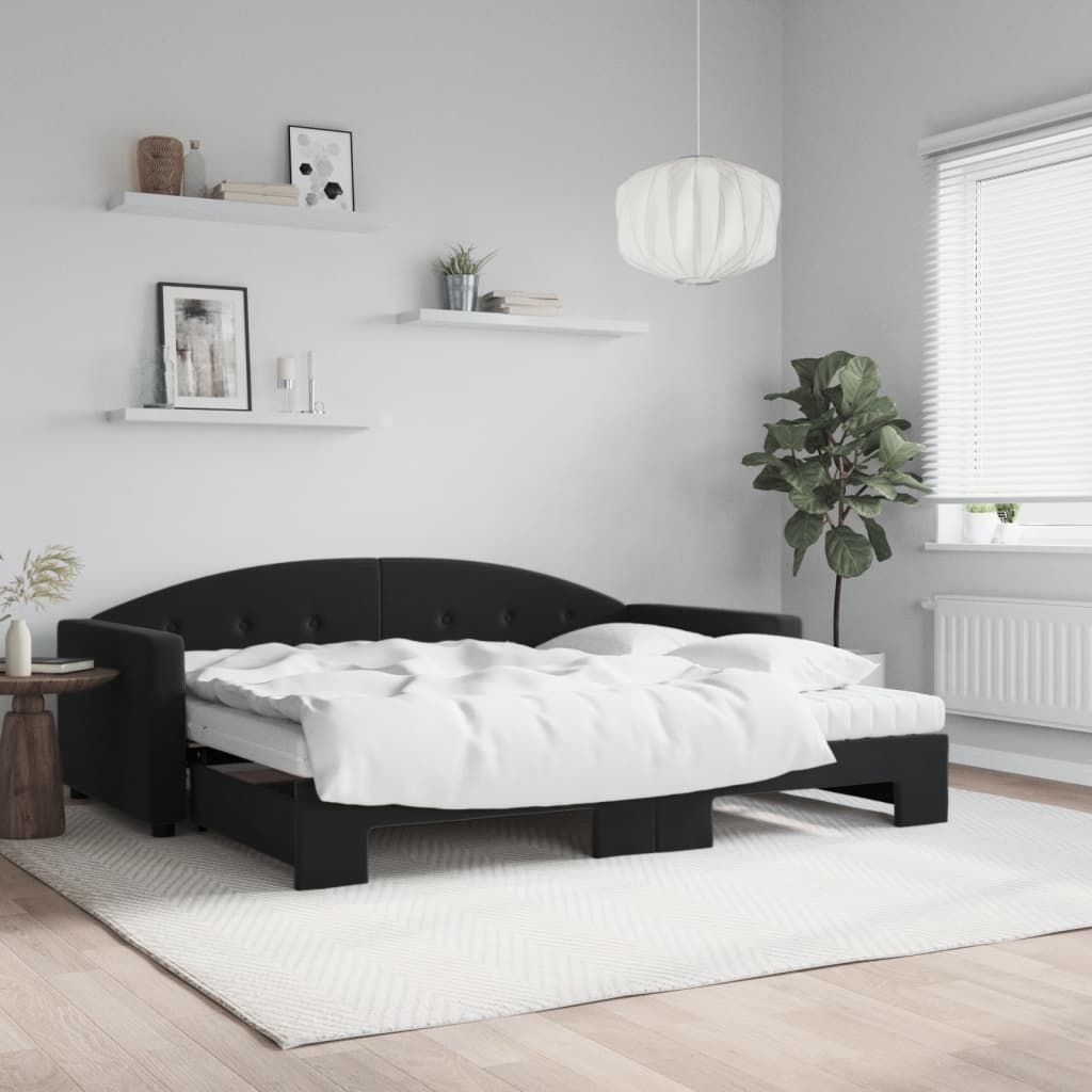 Dagseng med udtræk og 2 madrasser 90 x 200 cm i velour - sort