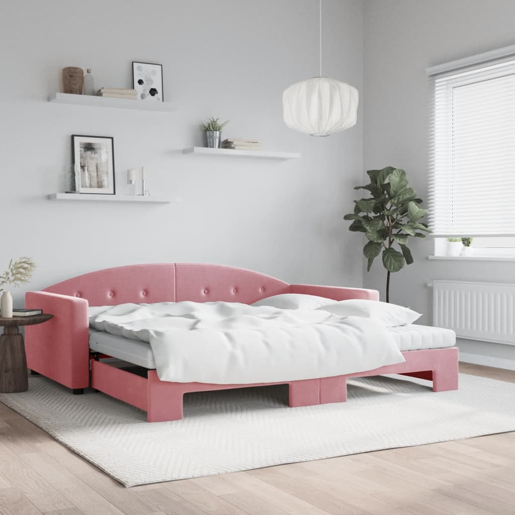 Daybed med udtræk og 2 madrasser 100 x 200 cm velour lyserød