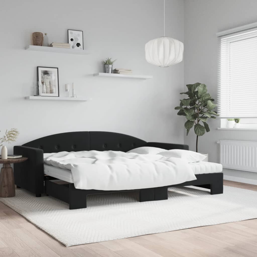 Dagseng med udtræk og 2 madrasser 90 x 190 cm - sort velour