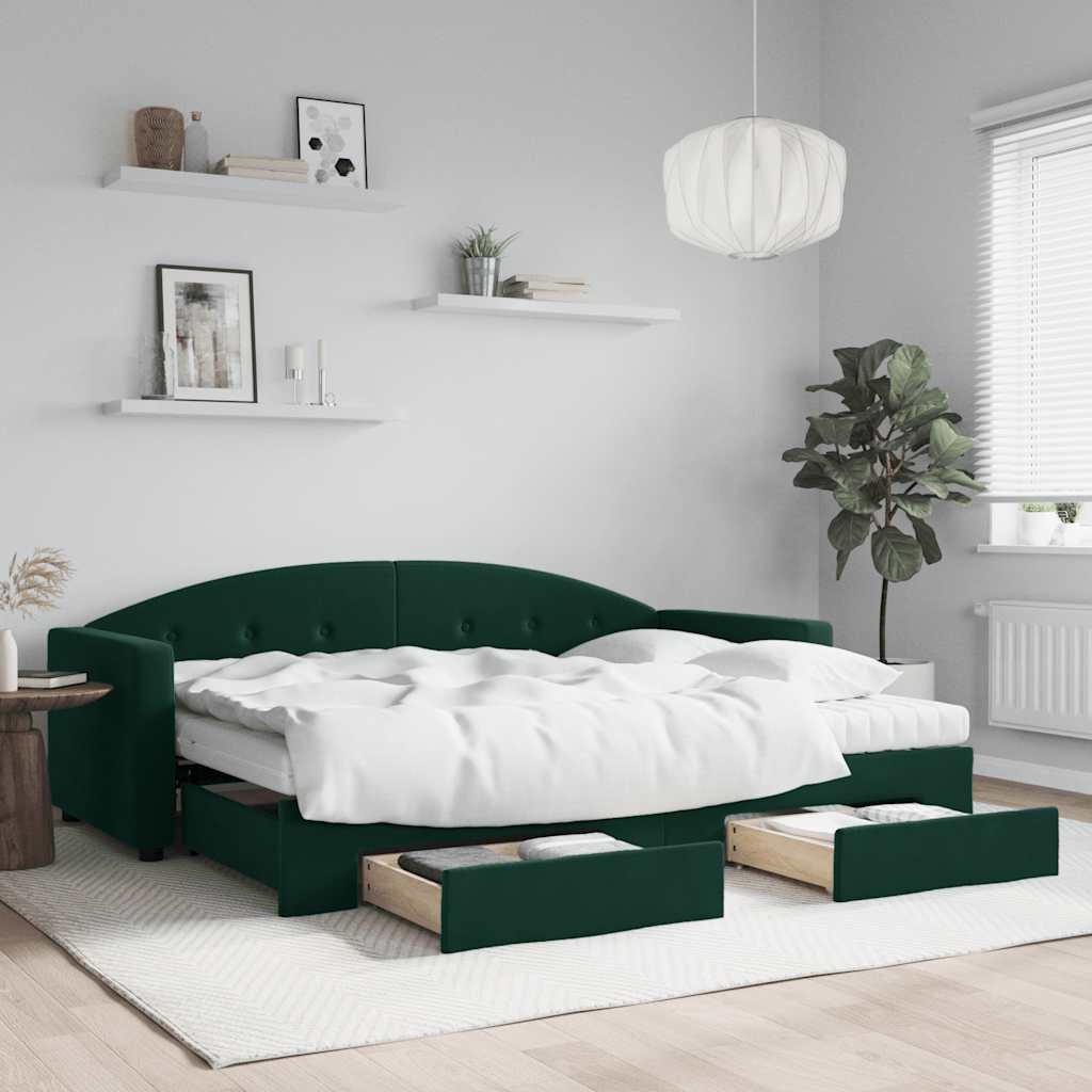 vidaXL daybed med udtræk og skuffer 80x200 cm velour mørkegrøn