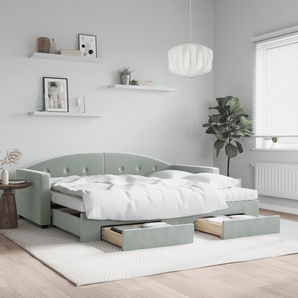 Daybed Velour Lysegrå - med udtræk og skuffe og madras / 90 x 200 cm