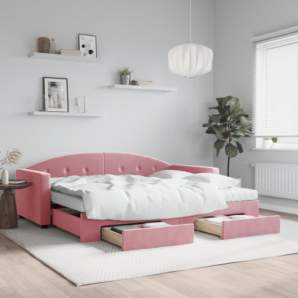 vidaXL daybed med udtræk og skuffer 90x200 cm velour lyserød