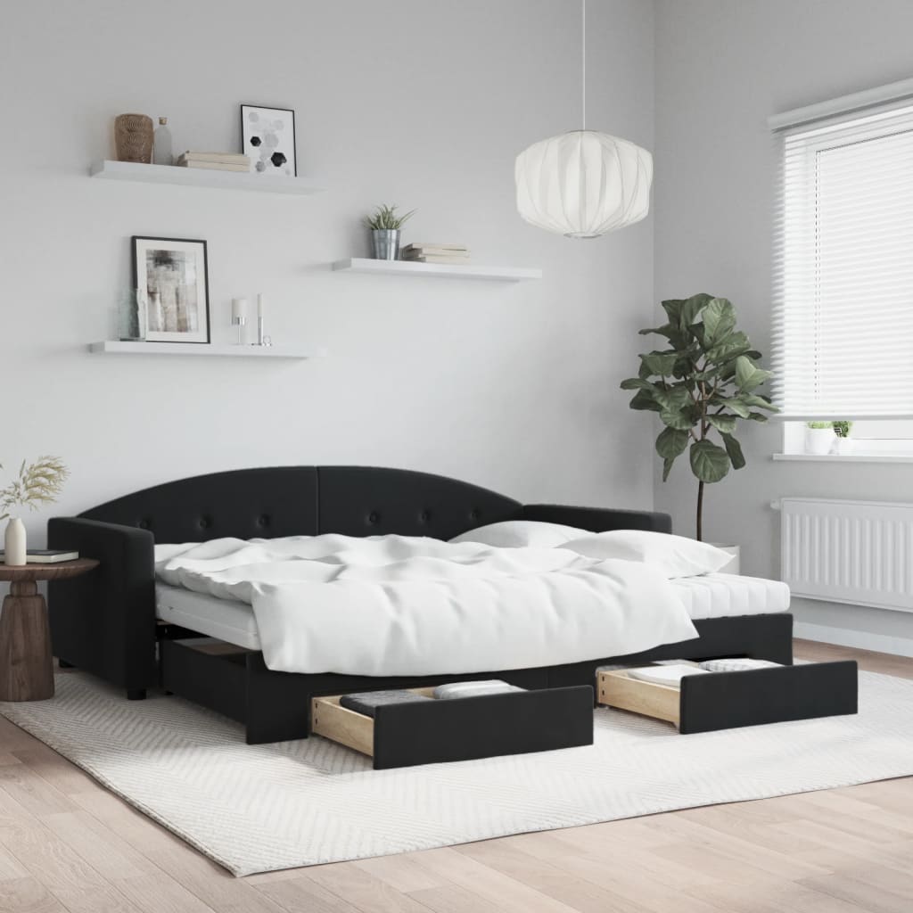 Daybed Velour Sort - med udtræk og skuffe og madras / 90 x 200 cm