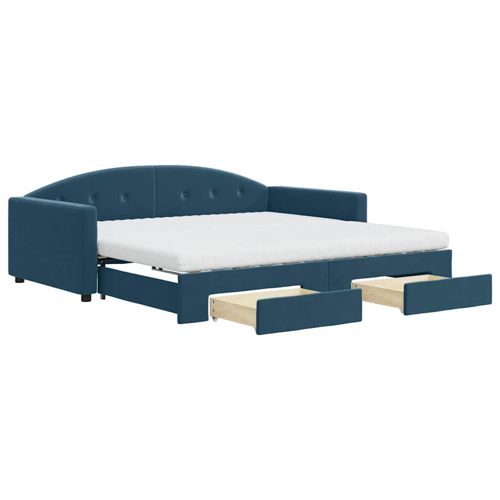 vidaXL Slaapbank met onderschuifbed en lades 100x200 cm fluweel blauw, foto 3