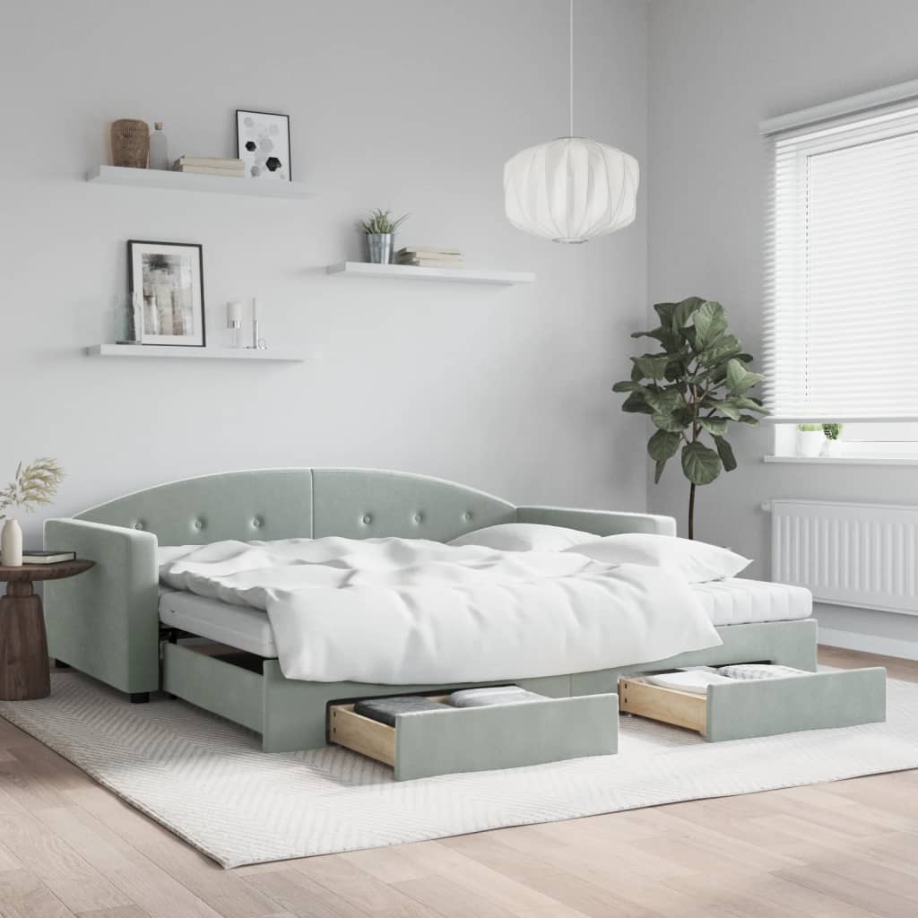 Daybed Velour Lysegrå - med udtræk og skuffe og madras / 100 x 200 cm