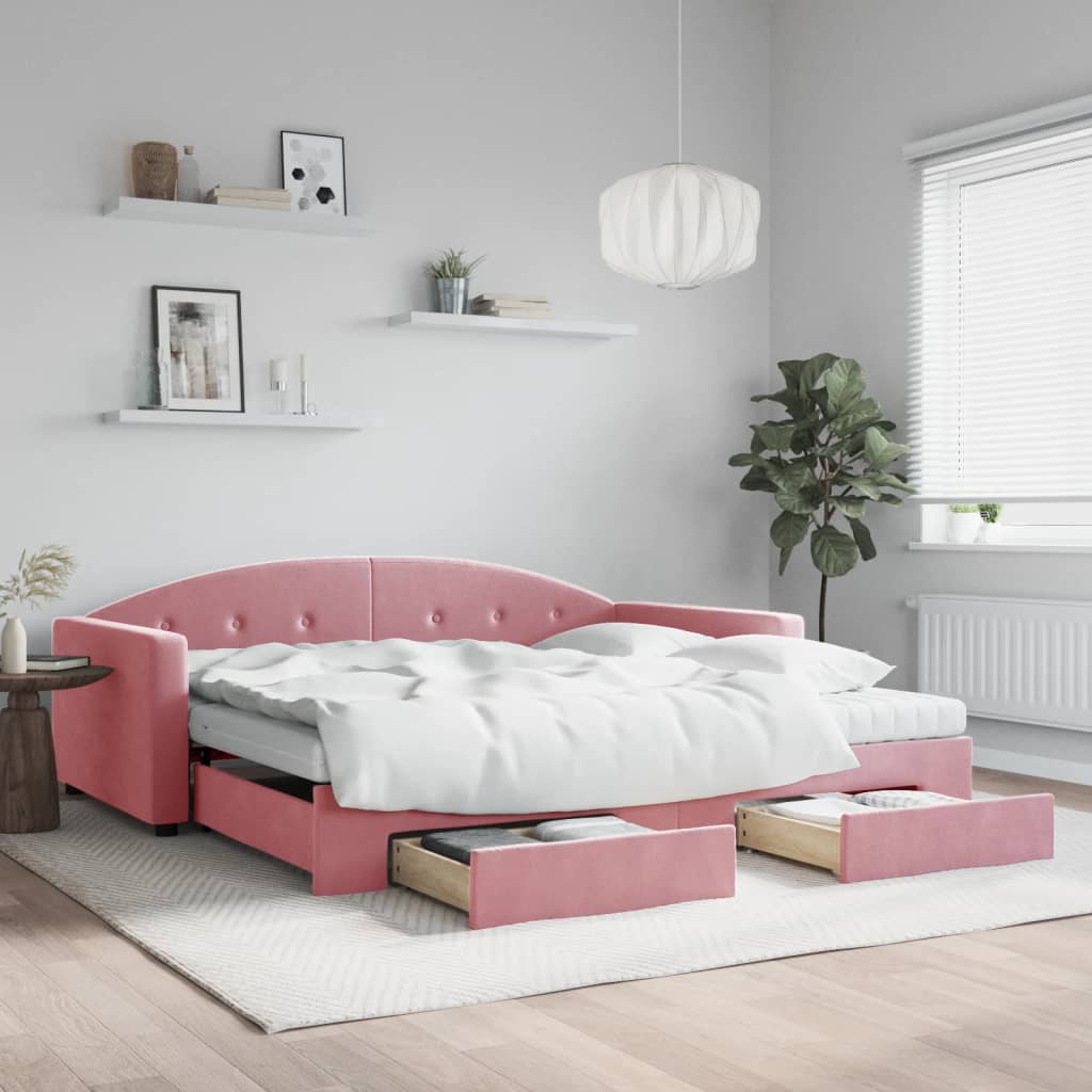 Daybed med udtræk og 2 skuffer 100 x 200 cm i velour - lyserød