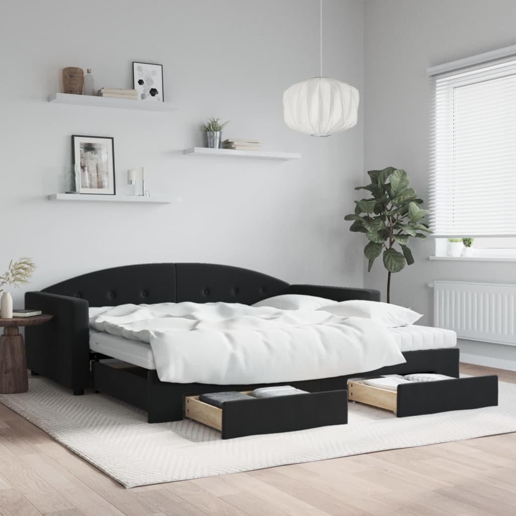Daybed Velour Sort - med udtræk og skuffe og madras / 100 x 200 cm