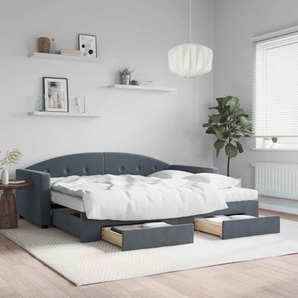 Daybed Velour Mørkegrå - med udtræk og skuffe og madras / 90 x 190 cm