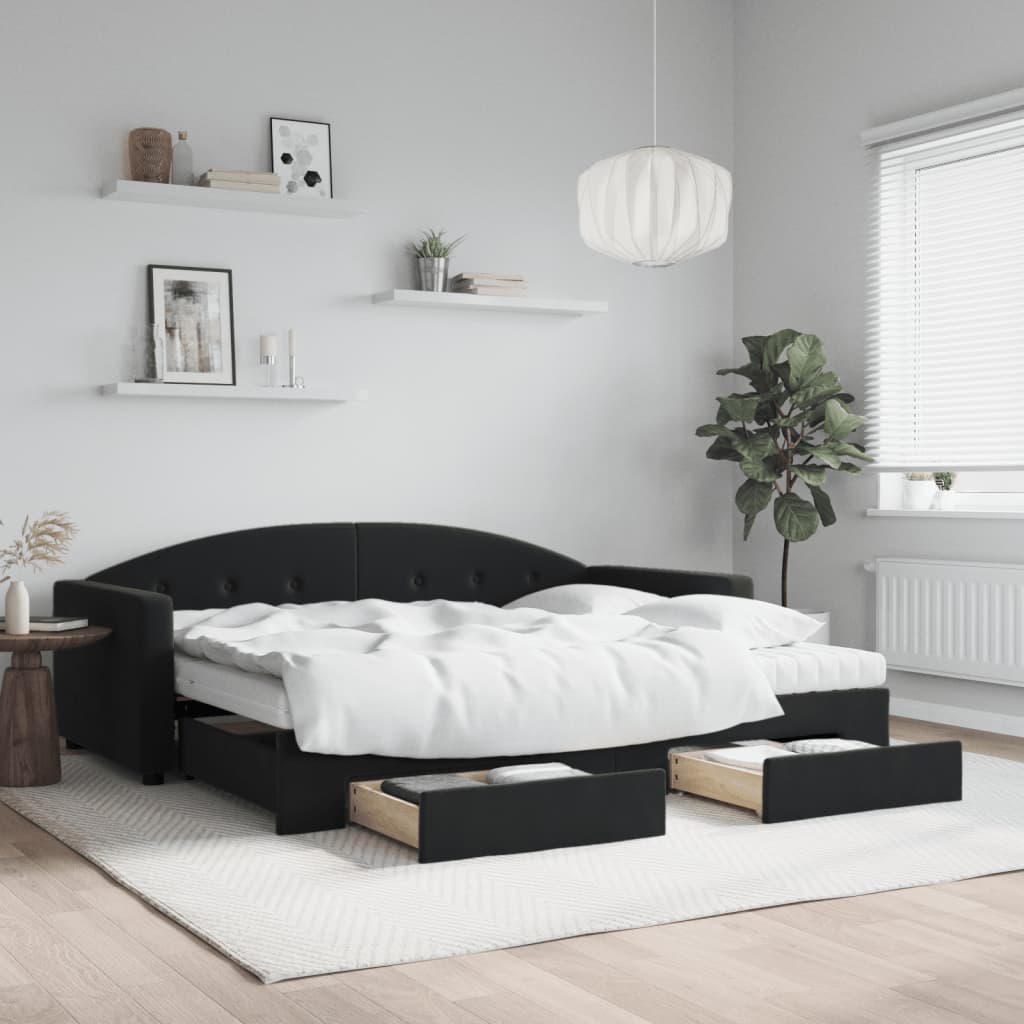 Daybed Velour Sort - med udtræk og skuffe og madras / 90 x 190 cm