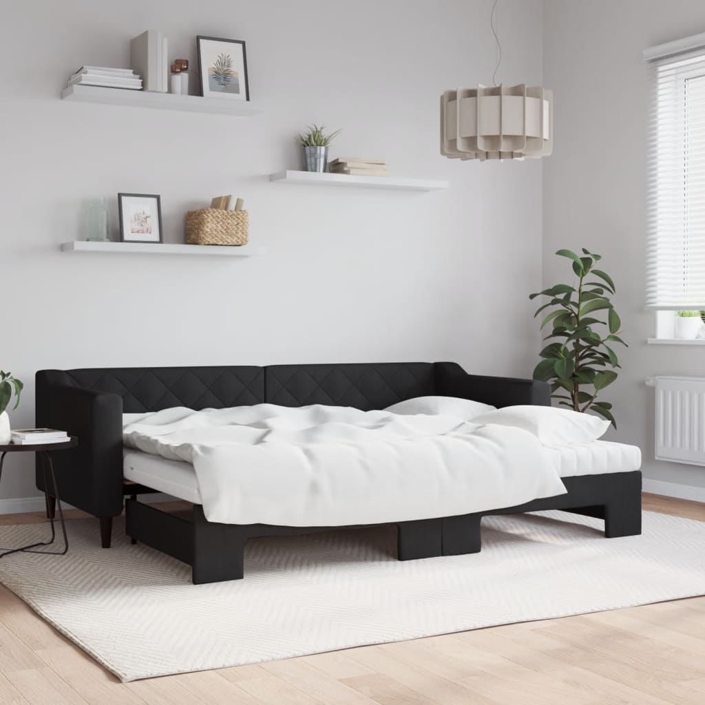 Daybed med udtræk og 2 madrasser 80×200 cm - stof, sort