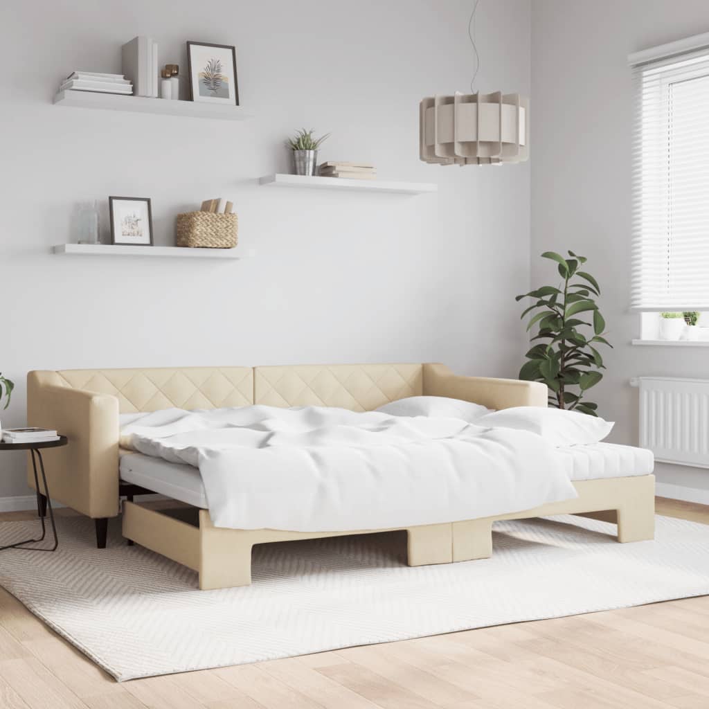 Daybed Stof Farvet Creme - med udtræk og madras / 90 x 200 cm