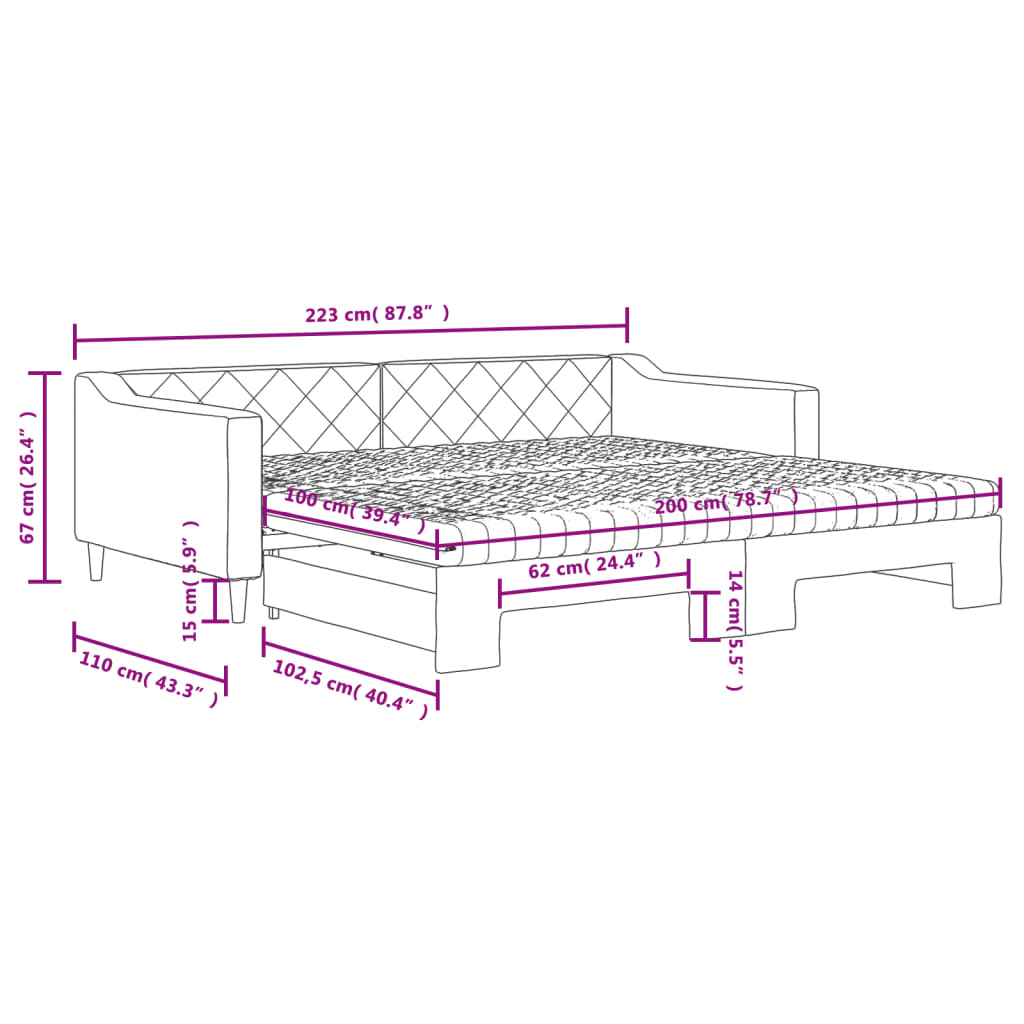 Sofa rozsuwana z materacami, jasnoszara, 100x200 cm, tkanina