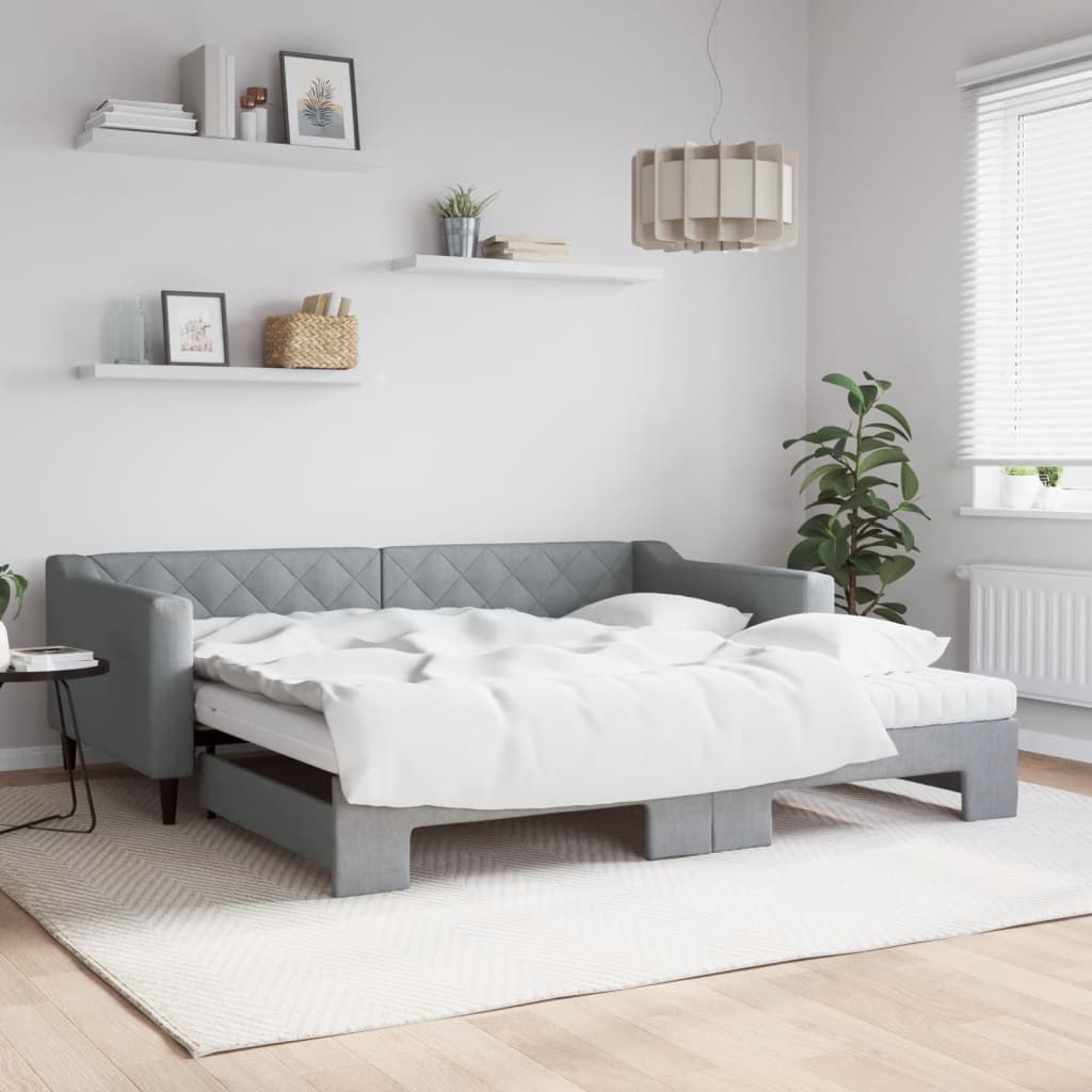 Daybed med udtræk og 2 madrasser 100x200 cm - stof, lysegrå