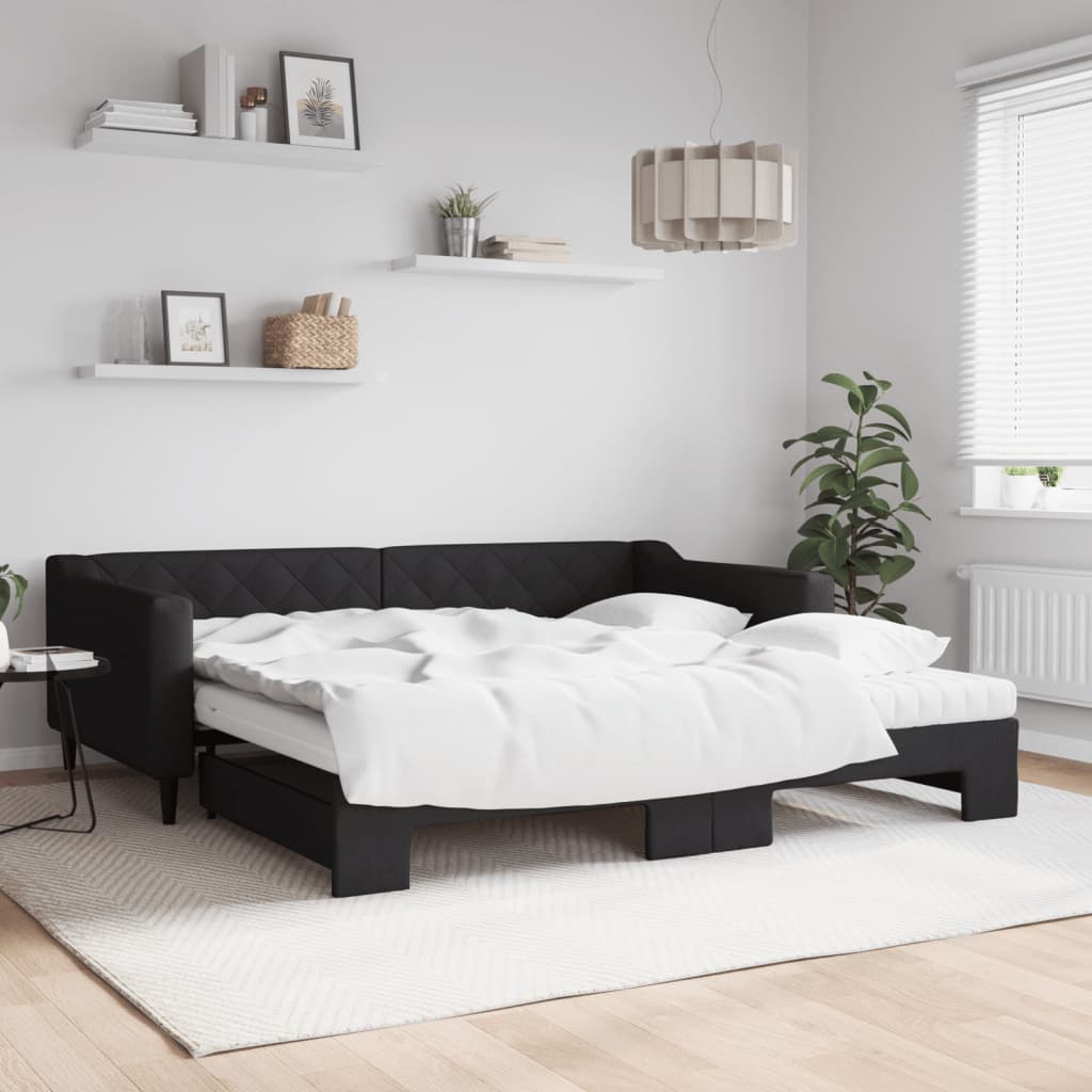 Daybed med udtræk og 2 madrasser 100×200 cm - stof, sort