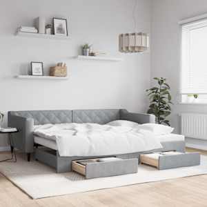 Izvlečna dnevna postelja s predali svetlo siva 90x200 cm blago
