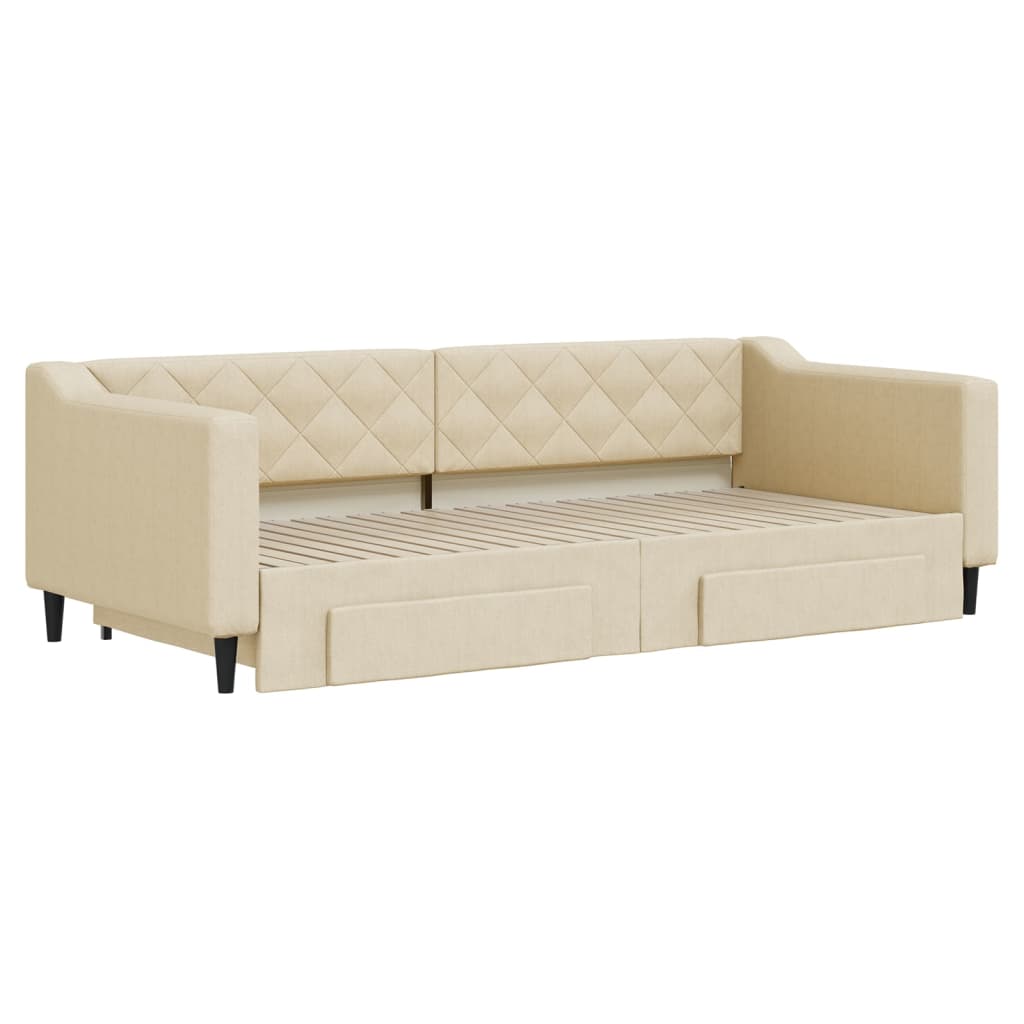 vidaXL Slaapbank met onderschuifbed en lades 90x200 cm stof crèmekleur afbeelding