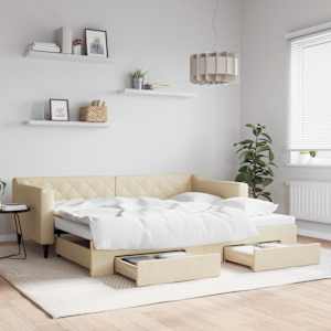 Válenda s přistýlkou a zásuvkami krémová 90 x 200 cm textil - obrázek 1