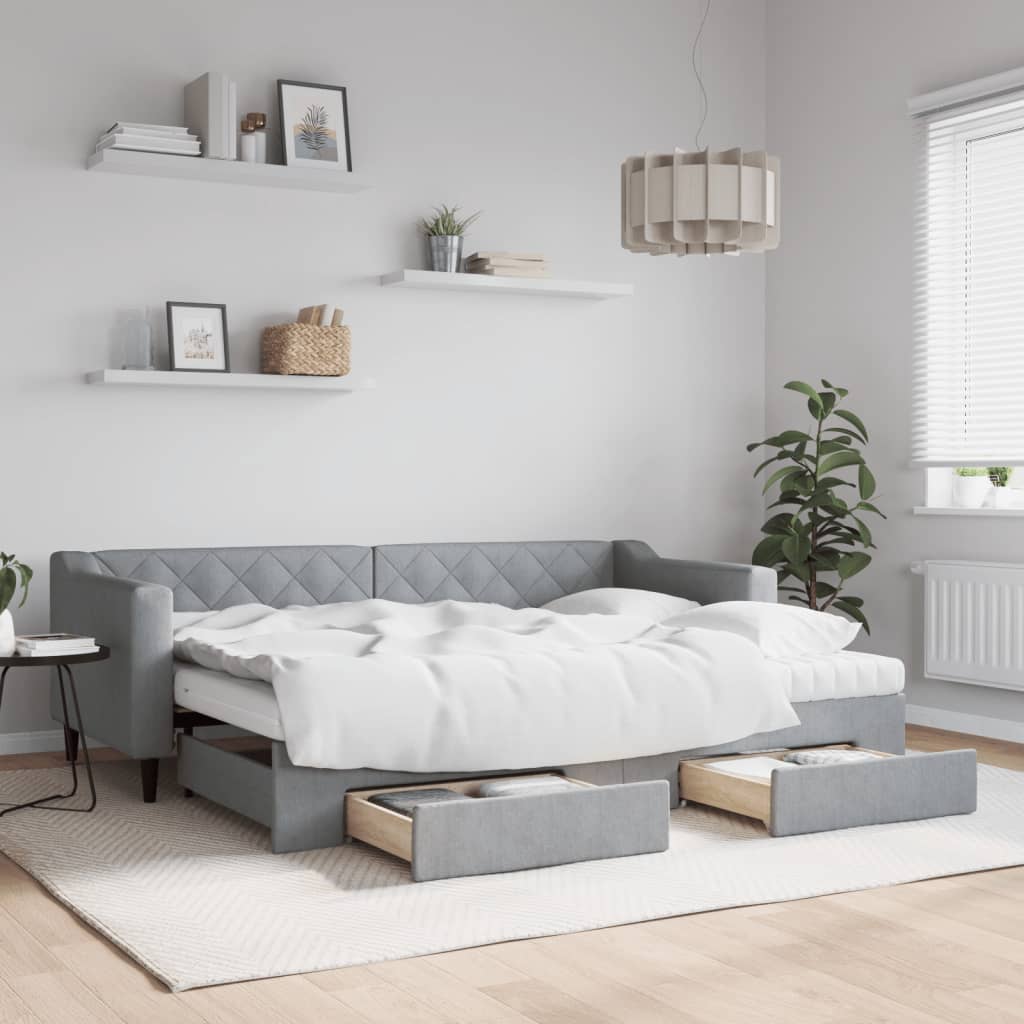 Daybed Stof Lysegrå - med udtræk og skuffe og madras / 80 x 200 cm