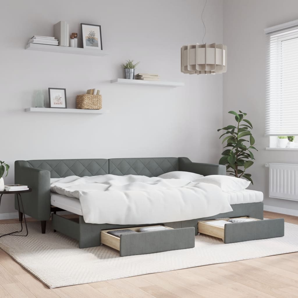 Daybed Stof Mørkegrå - med udtræk og skuffe og madras / 80 x 200 cm