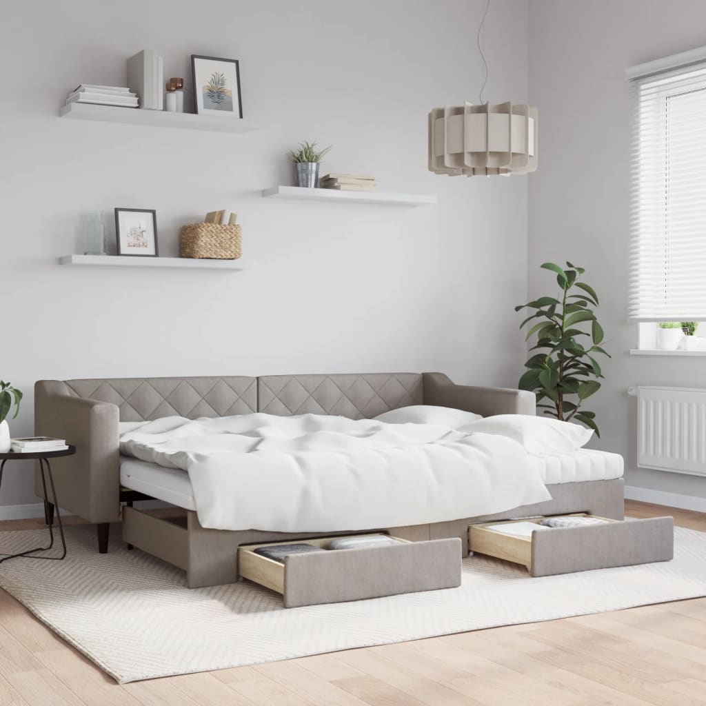 Daybed Stof Gråbrun - med udtræk og skuffe og madras / 80 x 200 cm