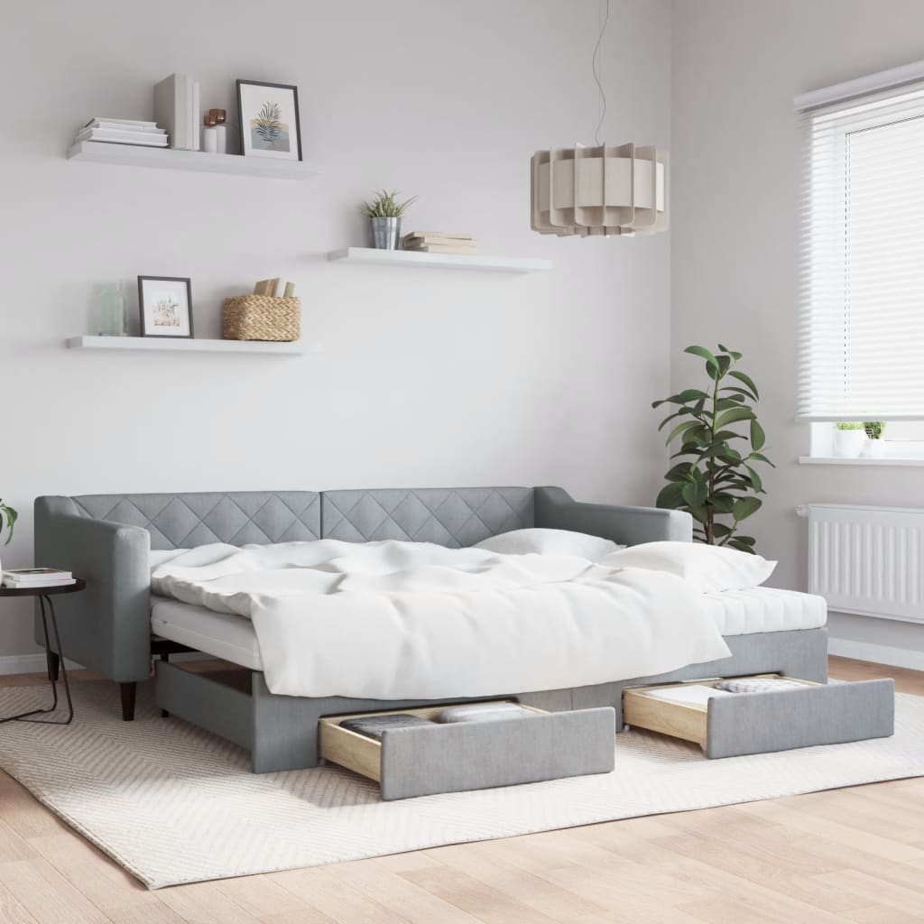 Daybed Stof Lysegrå - med udtræk og skuffe og madras / 90 x 200 cm