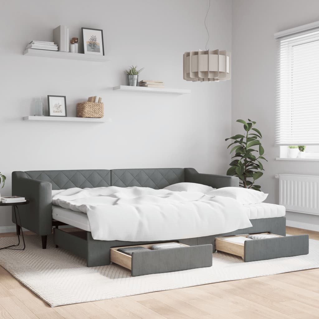 vidaXL Sofá-cama c/ gavetão e gavetas 90x200 cm tecido cinzento-escuro