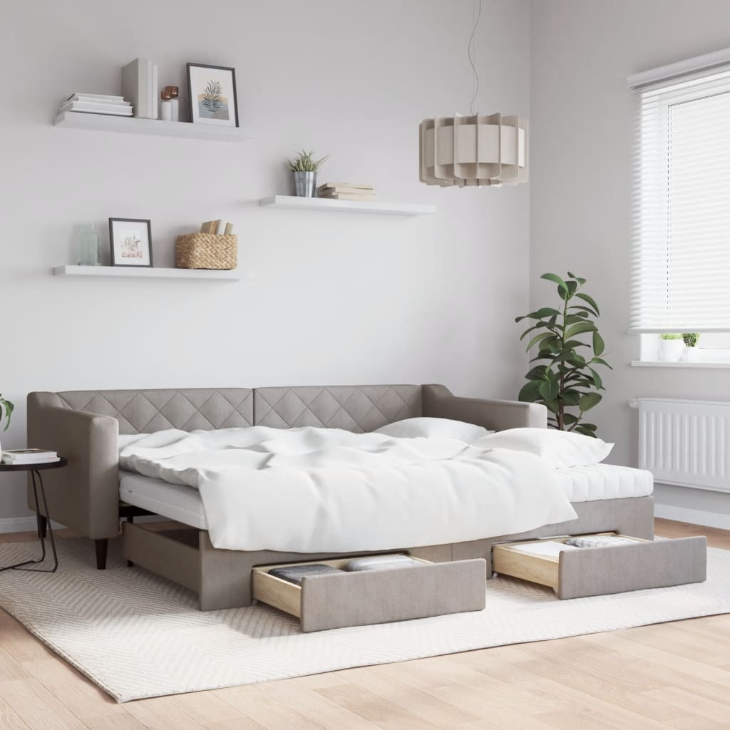 Daybed Stof Gråbrun - med udtræk og skuffe og madras / 90 x 200 cm