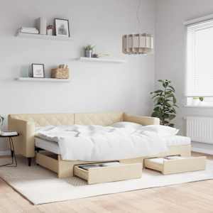 Izvlečna dnevna postelja s predali krem 90x200 cm blago
