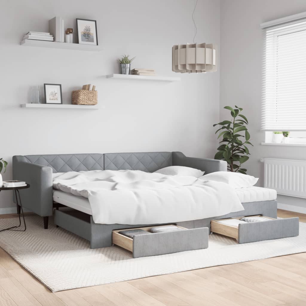 Daybed Stof Lysegrå - med udtræk og skuffe og madras / 100 x 200 cm
