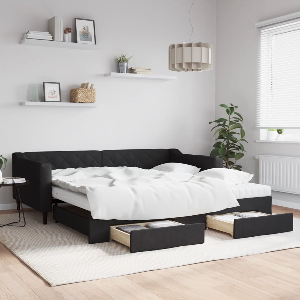 Daybed Stof Sort - med udtræk og skuffe og madras / 100 x 200 cm